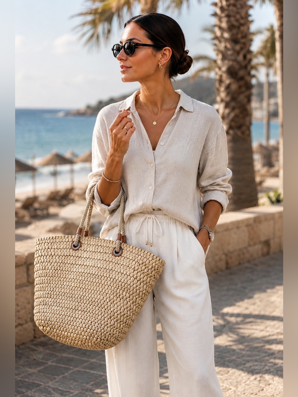 Lands' End Women's Rope Handles Woven Straw Tote in Natural Cream